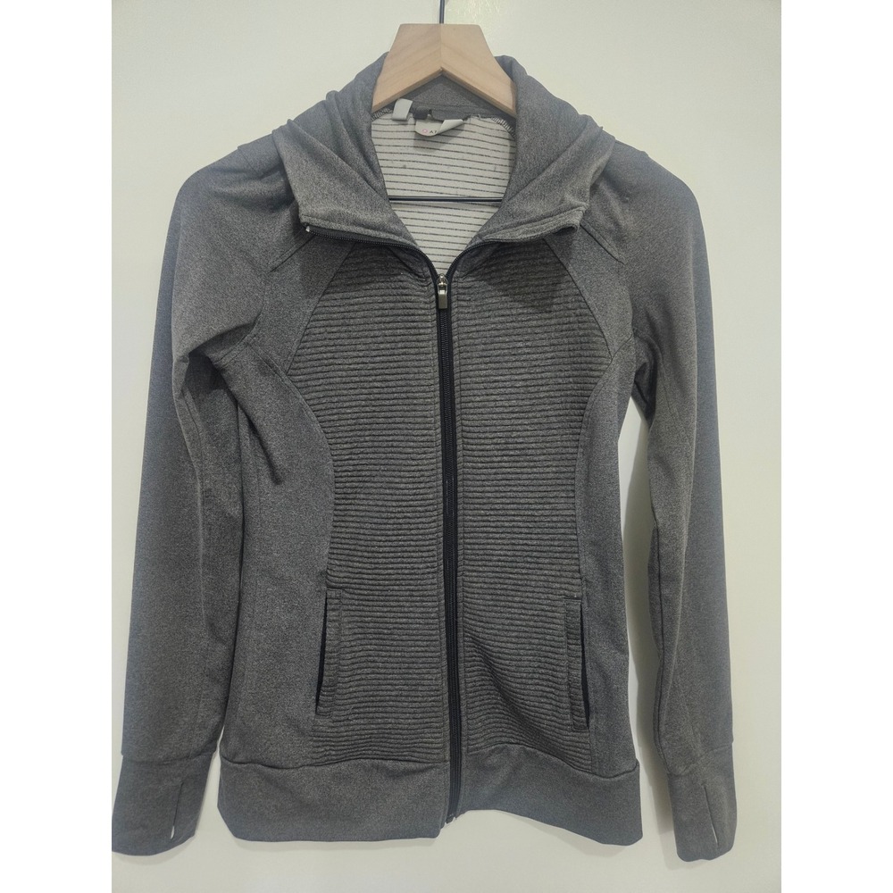 Athleta Womens XS Full Zip Jacket Textured Ribbed Athletic Gray Mock Neck Stripe